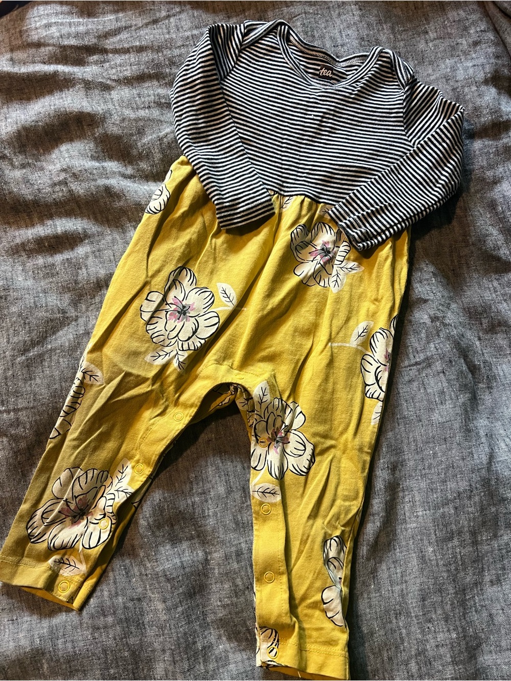 Tea Collection Black & White Striped Top with Yellow Floral Romper
